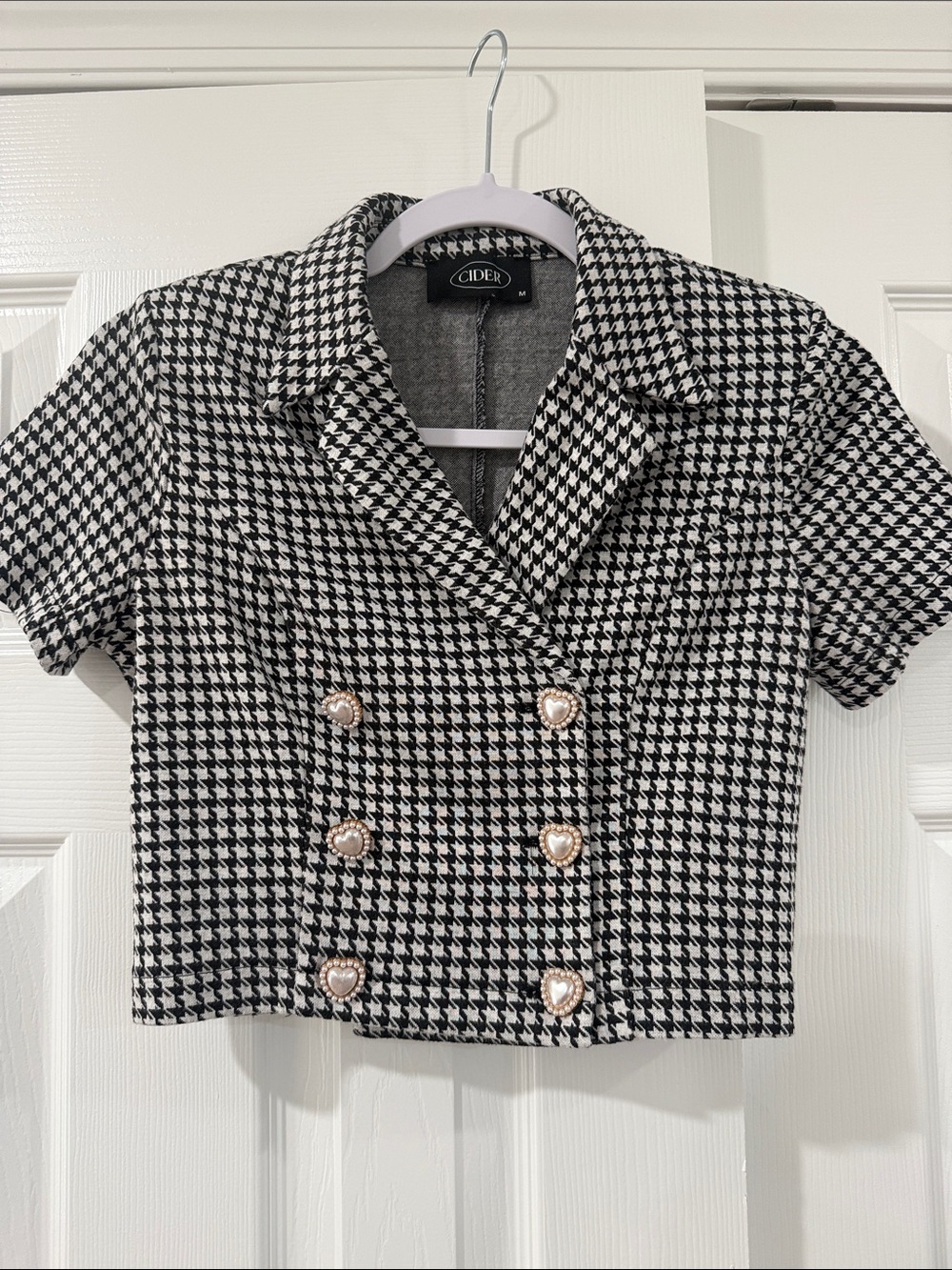Cider Black & White Houndstooth Cropped Blazer with Pearl Heart Buttons